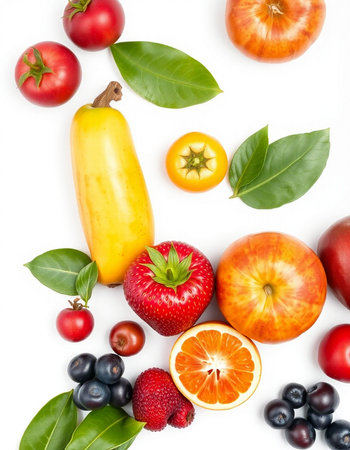 Fruits and vegetables isolated on white background. Top view. Flat lay pattern