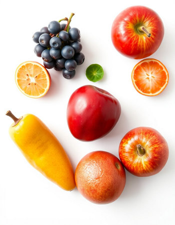 Fruits and vegetables isolated on a white background. Top view.の写真素材
