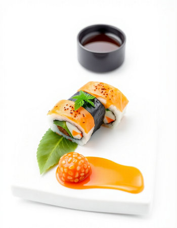 Sushi roll with salmon and cream cheese on white backgroundの写真素材