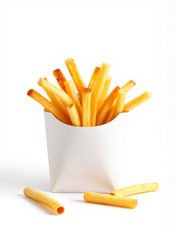 French fries in a paper box on a white background. Isolated