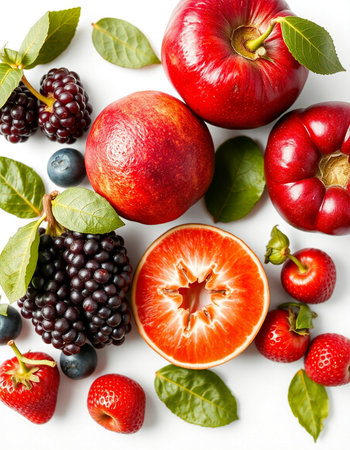 Ripe fruits and berries on a white background. Top view.の写真素材
