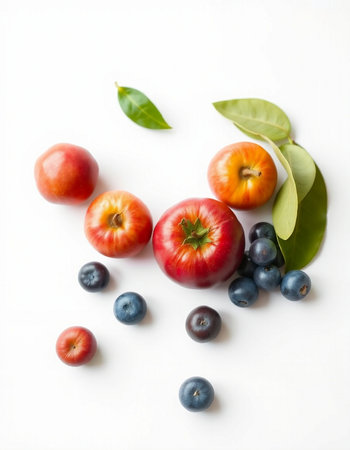 Red apples, blueberries and apricots on a white backgroundの写真素材