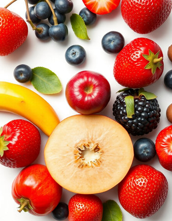 Mix of fresh summer fruits and berries on white background, top viewの写真素材