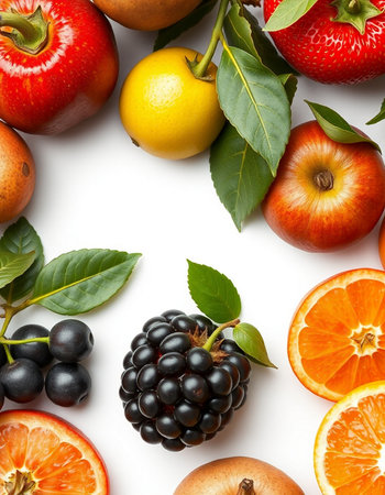 Fruits and berries isolated on white background. Top view. Flat lay pattern.