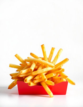 French fries in a red box on a white background. Selective focus.