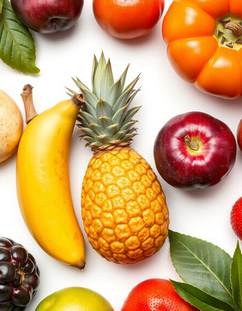 Fruits and vegetables isolated on a white background. Top view.の写真素材