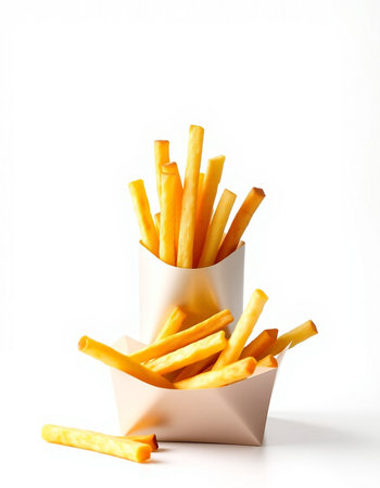 French fries in a paper box on a white background. Fast food.
