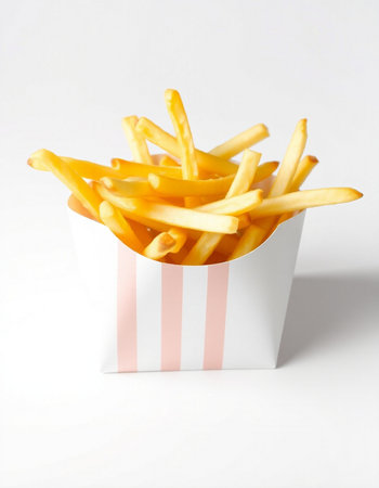 French fries in a paper box on a white background, close-upの写真素材