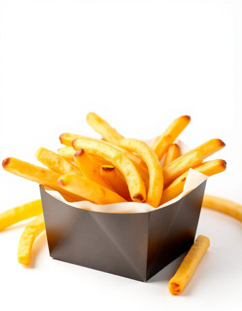 French fries in a paper box on a white background. Selective focus.