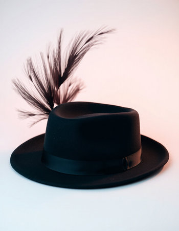 Black hat with feather on a white background. Minimal style.の写真素材