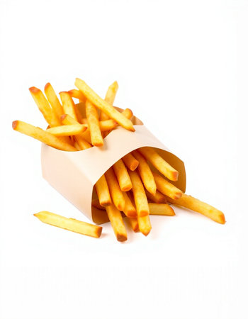 French fries in paper box isolated on white background. Fast food.