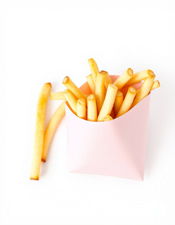 French fries in a pink box on a white background, top viewの写真素材