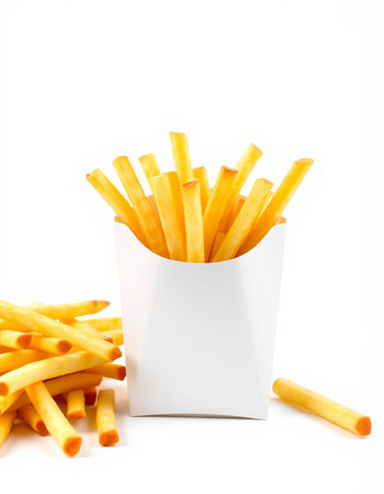 French fries in a white box on a white background. Fast food.