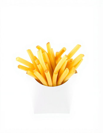 French fries in white box isolated on white background. Close up.