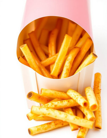 French fries in a paper box on a white background. Isolated