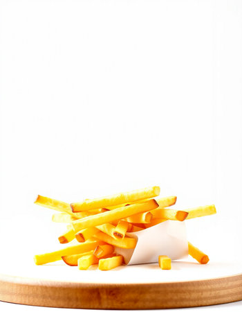 French fries on a white background with space for text. Fast food.