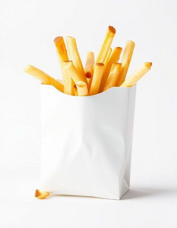 French fries in a white paper bag on a white background, isolated