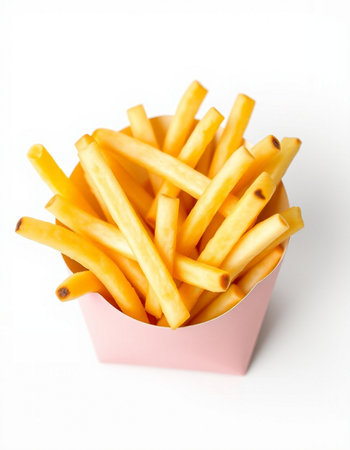 French fries in a pink box isolated on white background. Selective focus.の写真素材