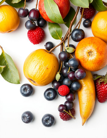 Fruits and berries on a white background. Top view. Flat lay.の写真素材