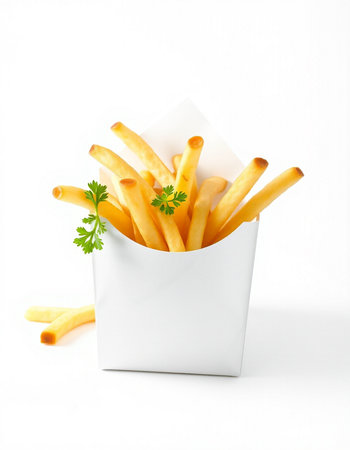 French fries in a white box on a white background. Isolatedの写真素材