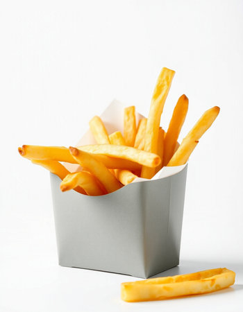French fries in paper box on white background. Selective focus.