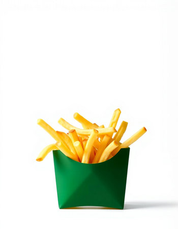 Golden French fries in a green box isolated on a white background.の写真素材