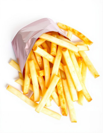 French fries in a paper bag on a white background. Isolated
