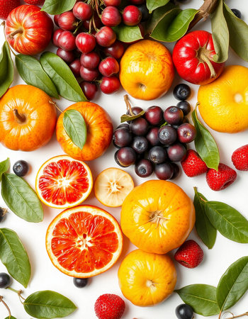Fruits and berries on white background. Top view, flat layの写真素材