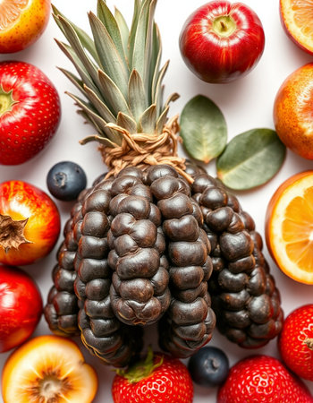 Pineapple and other fruits on white background, top view.