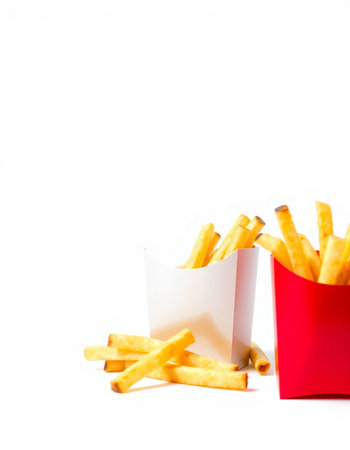 French fries in paper box on white background, shallow depth of field