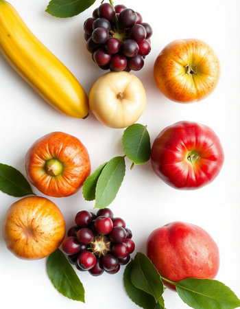 Fruits and vegetables isolated on white background. Flat lay, top viewの写真素材