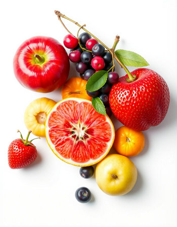 Fruits and berries on white background. Healthy food concept. Top view.