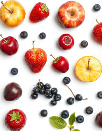 Fresh fruits and berries isolated on white background. Top view. Flat lay patternの写真素材