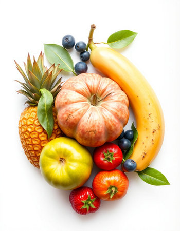 Fresh fruits and vegetables isolated on white background. Healthy food concept.
