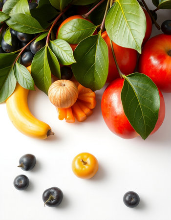 Fruits and vegetables on a white background. Top view. Flat lay.の写真素材