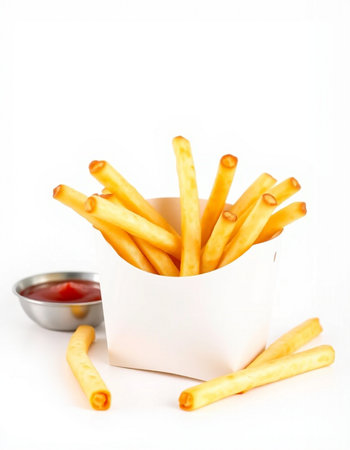 French fries with tomato sauce on white background. Selective focus.