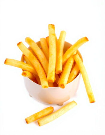 French fries in a white bowl on a white background. Isolated