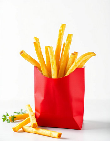 French fries in a red box on a white background, fast food