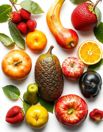 Fruits and vegetables on white background. Flat lay, top viewの写真素材