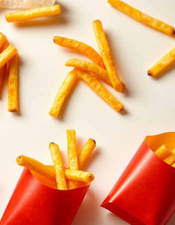 French fries in red paper cups on a white background. Top view.