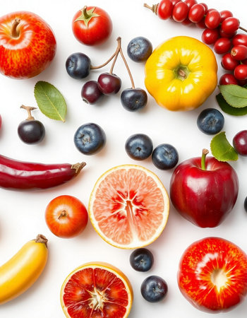 Fruits and vegetables on a white background. Healthy food concept.