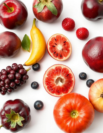 Fruits and berries on white background, top view. Healthy foodの写真素材
