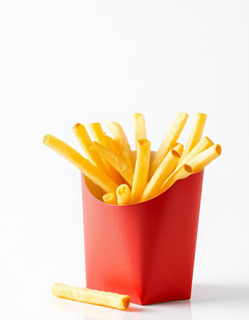 French fries in a red box on a white background, close-up