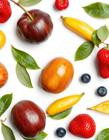 Flat lay composition with fresh fruits on white background, top view