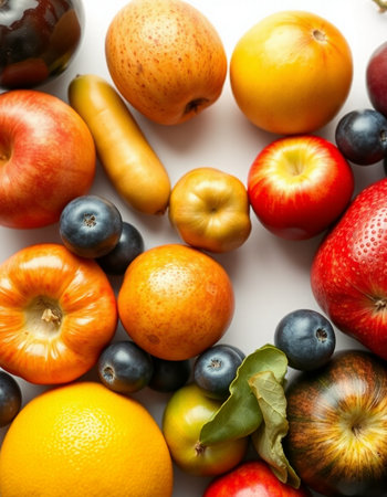 Fruits and vegetables isolated on a white background. Top view.の写真素材