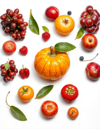 Fruits and vegetables isolated on white background. Healthy eating concept.