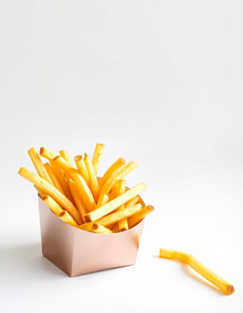 French fries in a paper box on a white background with space for textの写真素材