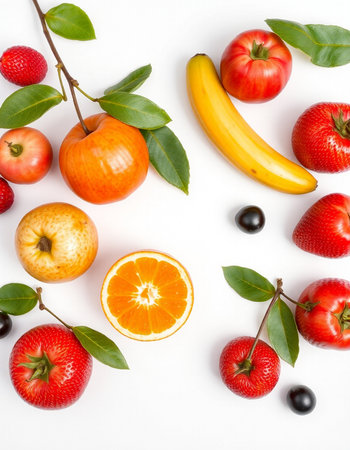 Fruits and berries on a white background. Flat lay, top viewの写真素材