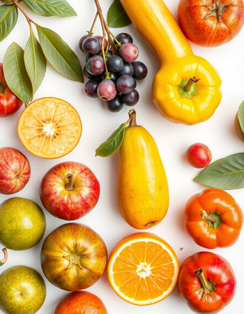Fruits and vegetables on white background. Flat lay, top viewの写真素材