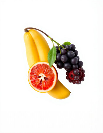 Fruits isolated on a white background. Banana, grape, orange.の写真素材